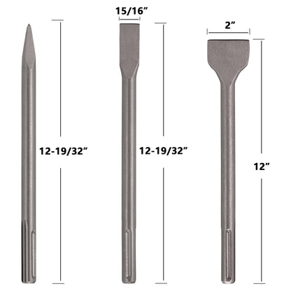 Berserker 1-9/16" SDS-Max Heavy Duty Rotary Hammer Drill with 3 pc. SDS Max Chisel Set with Point Chisel, Flat Chisel & Scaling Chisel, Masonry Concrete Tile Removal Bits