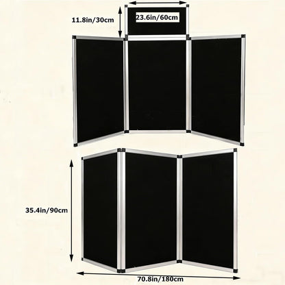 ISXACFF 3+1 Panel Trade Show Presentation Board 70.8“ x 35.4” Black Trifold Poster Board Folding Exhibition Display Boards Double Sided Tabletop Display with Storage Bag Hook & Loop-Receptive Fabric