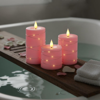 Raycare Easter Pink Flameless Candles with Remote Timer, Flickering Battery Operated LED Pillar Fake Candle with String Lights for Home Decor, Christmas, Wedding and Gift, Set of 3