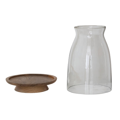 Creative Co-Op Glass Hurricane Candleholder with Mango Wood Base, Natural & Clear