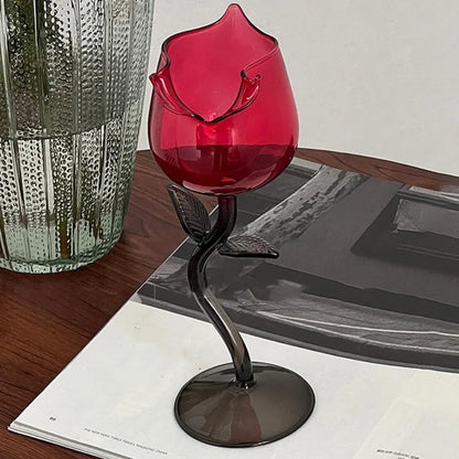 Red Rose Wine Glass Candle Holder Romantic Rose Flower Candle Holder Wedding Centerpiece Tealight Candle Chic Candle Displays(Black)