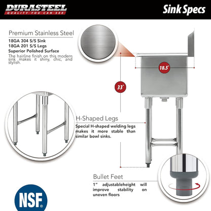 DuraSteel 304 Commercial Stainless Steel Utility Sink - 15 Inch Tub Freestanding Prep Kitchen Sink w/Faucet - NSF Hand Wash Station for Kitchen Sinks, Outdoor, Laundry Room, Garage Small Kitchenette