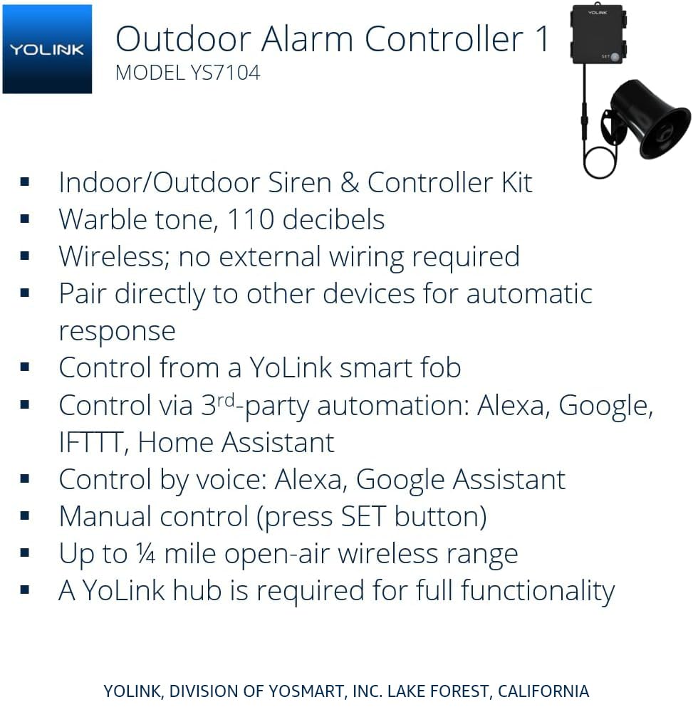 YoLink Outdoor Security Siren & Smart Alarm Controller Kit - Loud 110 dB, Wireless, Battery-Powered, 1/4 Mile Range, Android-iOS App, Alexa, Google, IFTTT, Home Assistant, Hub Required!