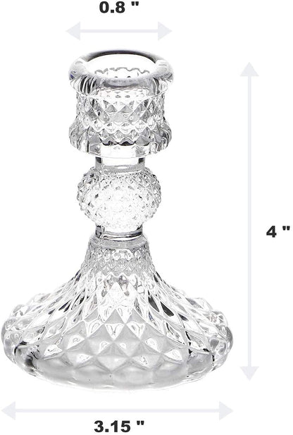 Clear Glass Candlestick Holders Set of 2，Taper Candle Holders Fit 0.8 Inch Candles, Crystal Decorative Candle Stand Centerpiece for Table Wedding Dinning Party 4 Inch Tall