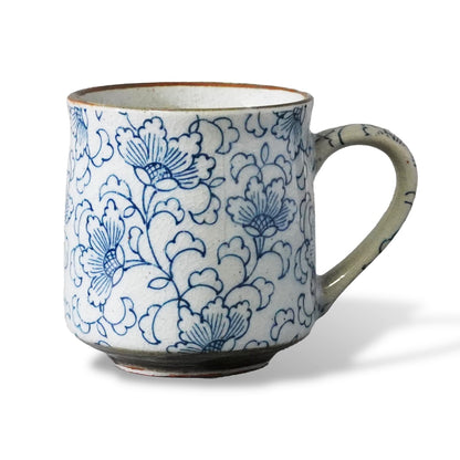 Nostalgic Mino Ware Ceramic Sometsuke Small Mug Cup - Japanese Crafted, Floral Pattern, Comfort Grip Handle, For Coffee and Green Tea or Soup, Matcha Tea, Gift Box Included (Arabesque)