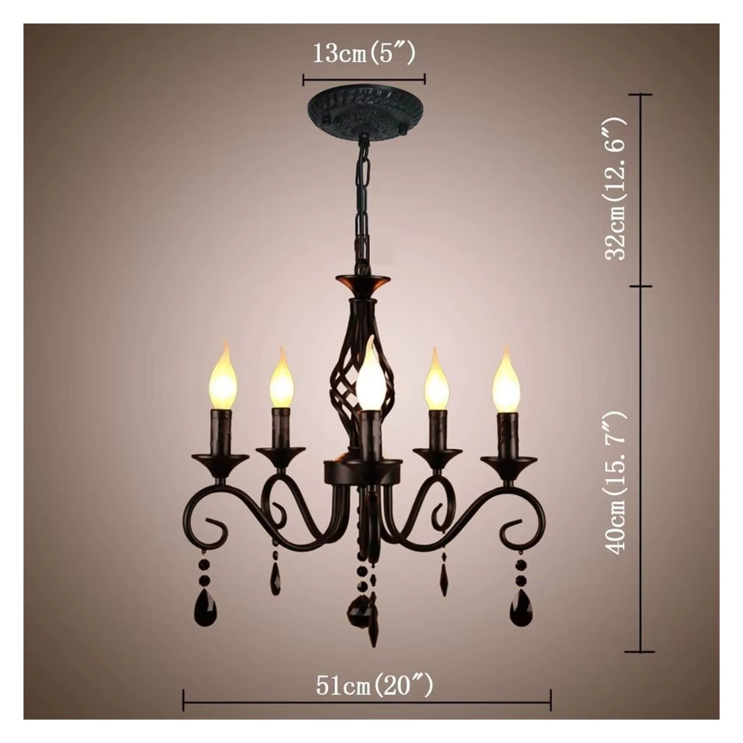 LED Metal Chandeliers 5 Lights Black Crystal Candle Chandelier Industrial Vintage Lighting Fixture Hanging Lamp,Comfortable Lighting