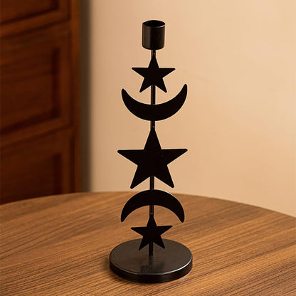 Iron Taper Candle Holder Matte Black Tall Star Moon Candlestick Holders Decorative Candle Stand Candlestick Holder for Wedding, Dining Table, Party Home Decoration (B)