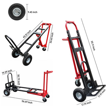 Nebicals Red Convertible Hand Truck Dolly Cart with 4 Wheels Heavy Duty,1000 Lbs Capacity, 2 Straps for Moving Furniture/Appliance/Carton/Warehouse/Office/Easy to Follow Video to Install