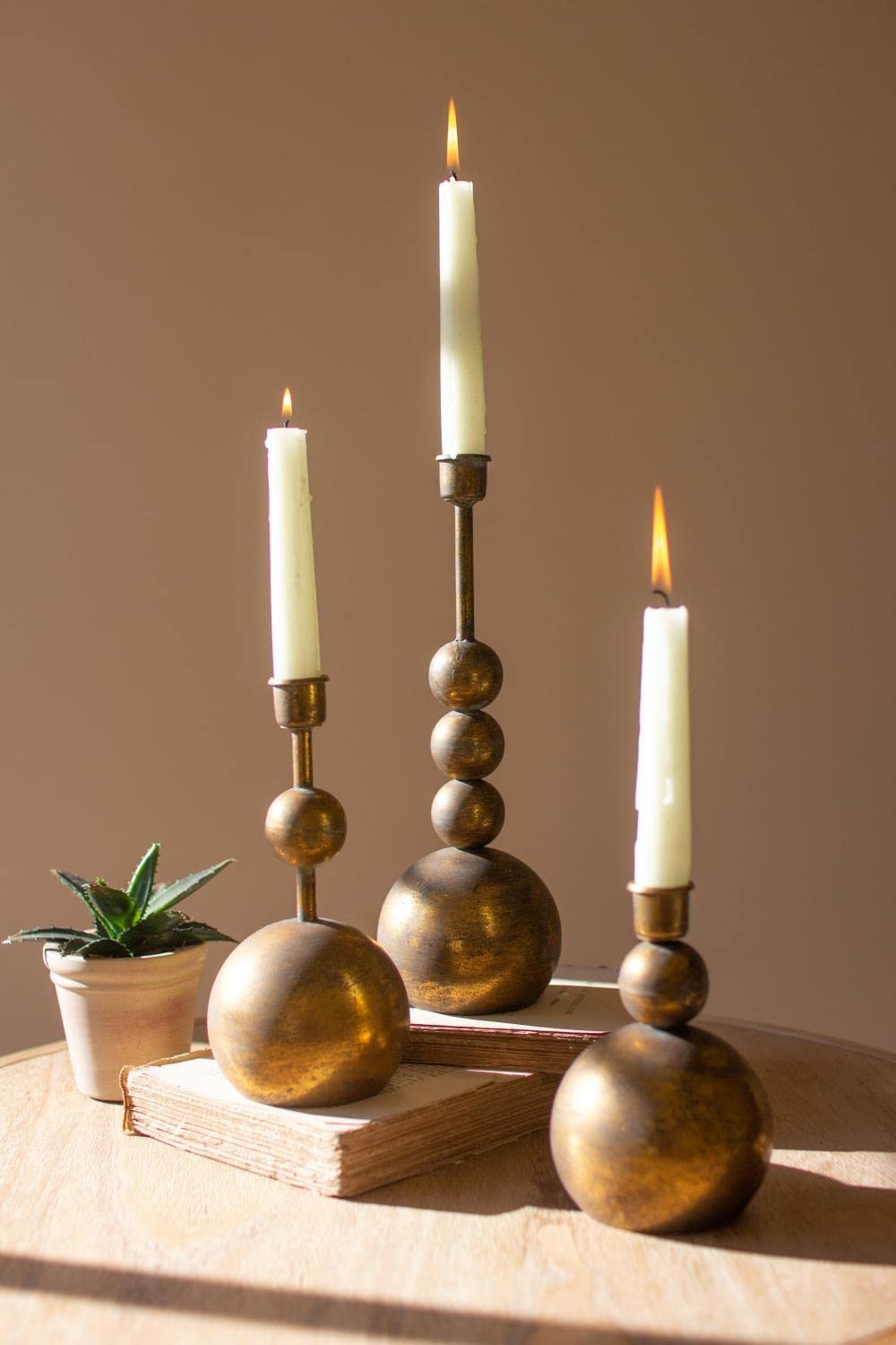 KALALOU CLL2695 Antique Brass Taper Candle Holders - Decorative Stacked Sphere Design, 11.5 in Height, Set of 3