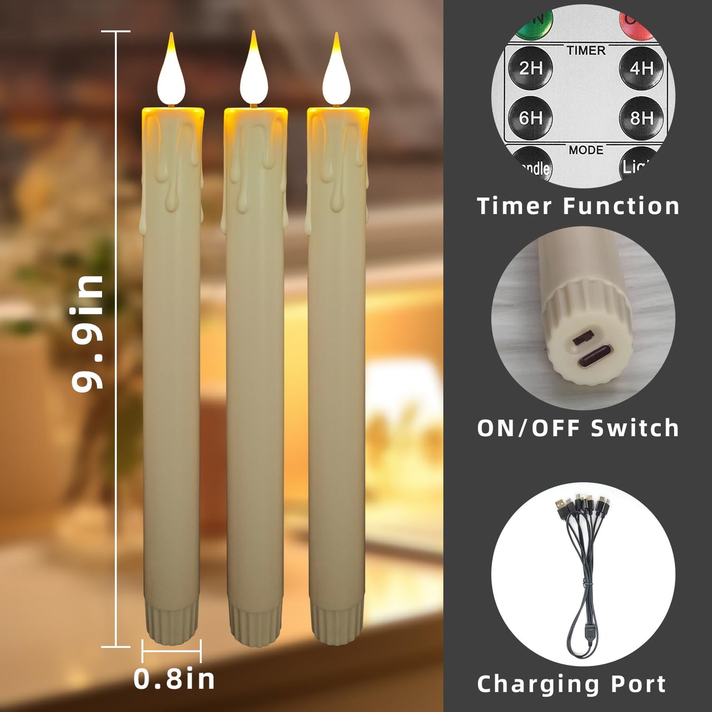 SUNGEGE 9.9-Inch Rechargeable Flameless Taper Candles, 60+ Hours Runtime, Remote & Timer, Flickering LED, Safe for Home & Events 6-Pack, Ivory, Plastic