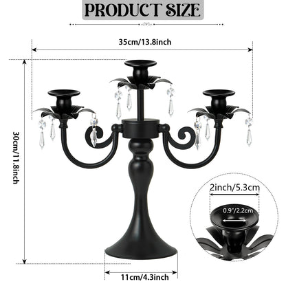 KEHAIL Metal 3 Arm Candelabra with Crystal Pendants - 11.8 Inch Tall Candle Holders, Set of 2 - Elegant Taper Candlestick Stand for Wedding, Dining Table, Christmas Party Home Decoration (2, Black)