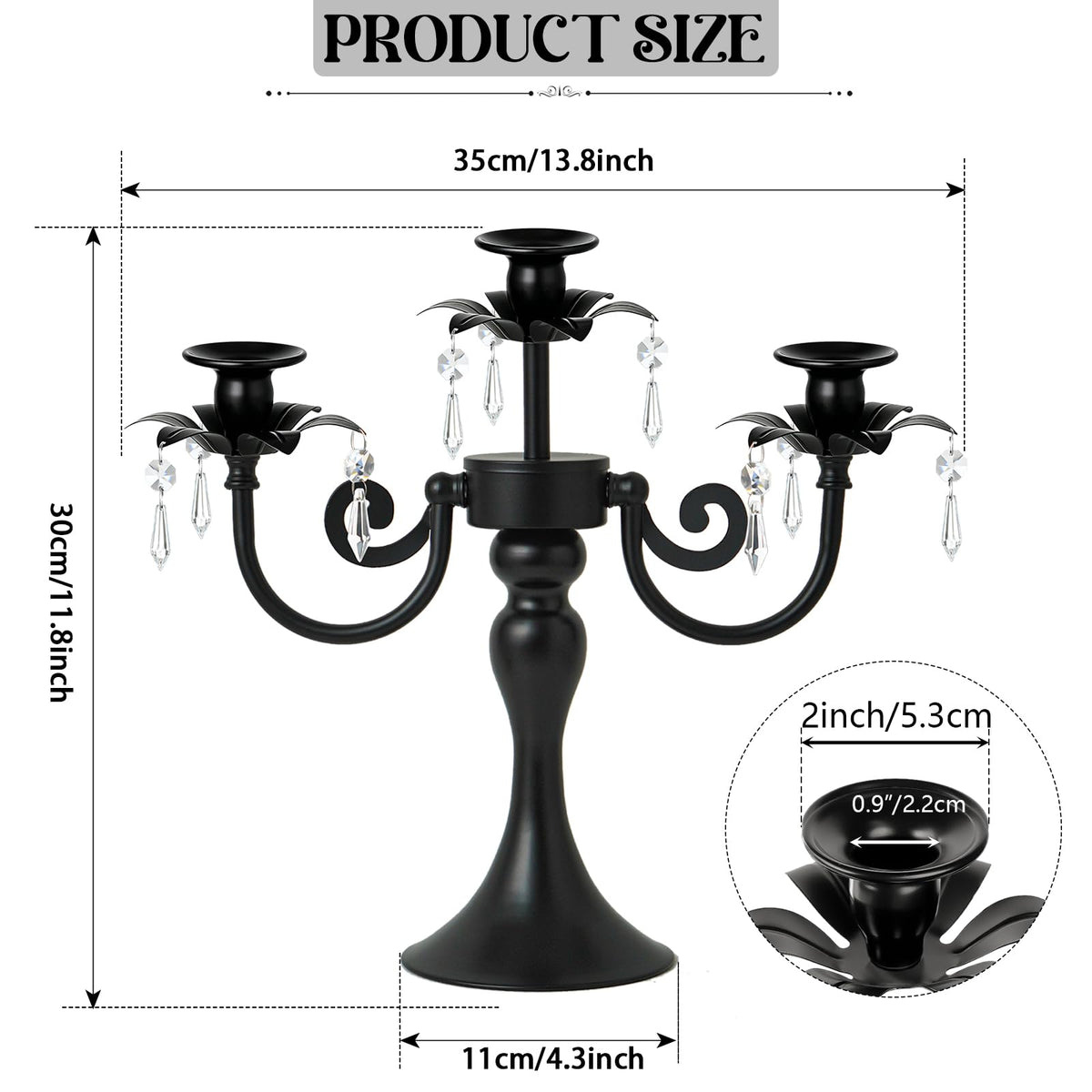 KEHAIL Metal 3 Arm Candelabra with Crystal Pendants - 11.8 Inch Tall Candle Holders, Set of 2 - Elegant Taper Candlestick Stand for Wedding, Dining Table, Christmas Party Home Decoration (6, Black)