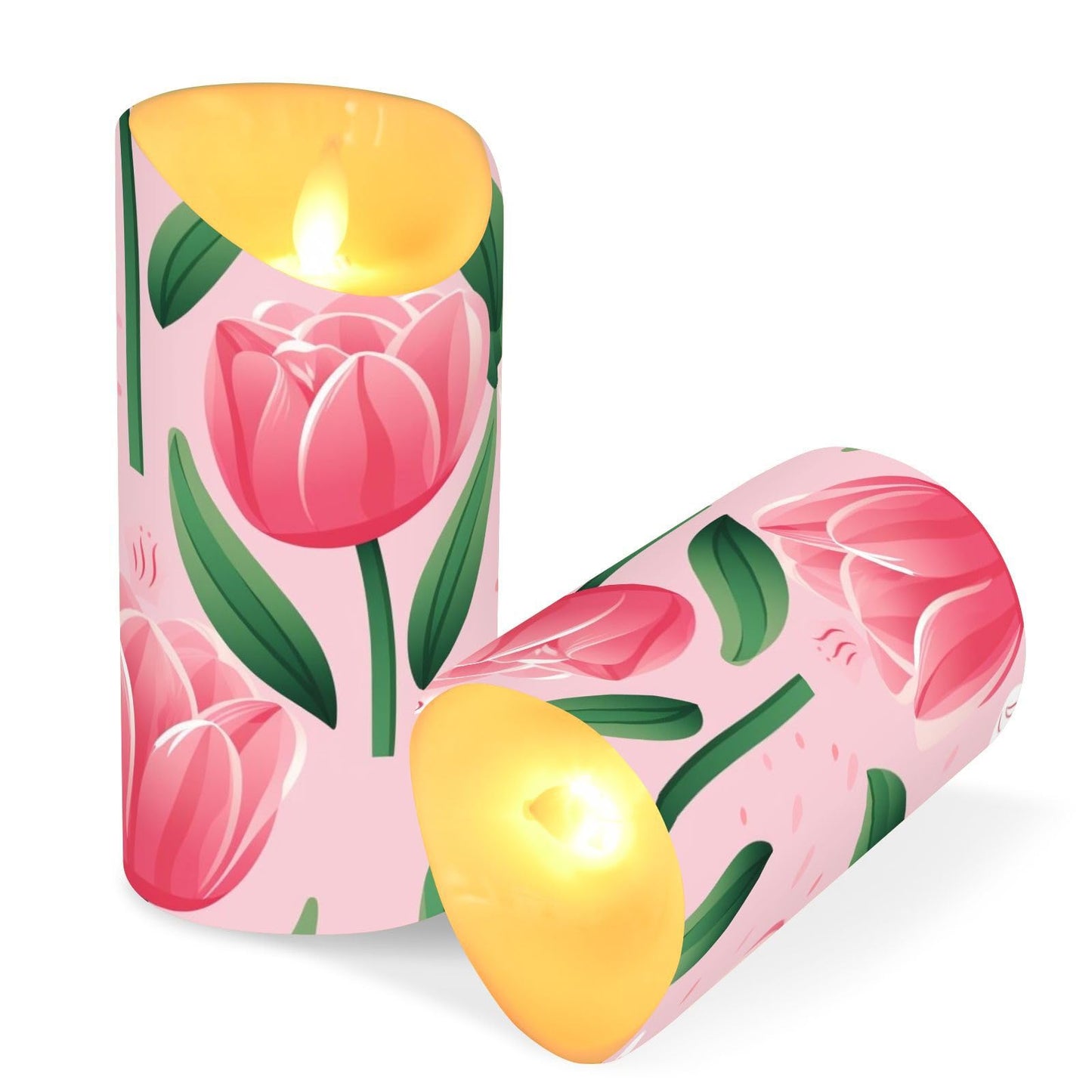 ALAZA Pink Tulip Flower Flickering Flameless Candles Battery Operated with Remote Timer,Tea Light Candles LED Pillar Votive Set of 2 for Outdoor Indoor Decorations 3" x5.9"