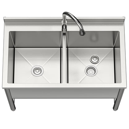 35" Stainless Steel Commercial Sink 2 Bowl Freestanding Kitchen Sink with Pull-out Faucet, Large Utility Sink for Kitchen, Dishwashing, Thawing, Laundry Room, Garage, Outdoor, Total Capacity 36 Gallon