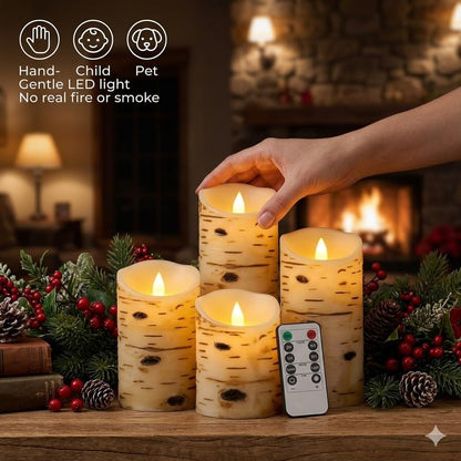 Comenzar Flameless Candles Birch Bark Texture, Flickering Flame Battery Operated LED Candles, Electric Plastic Candles with Remote Timer for Home Decor, Rustic Wedding Centerpiece, Gift Set of 3