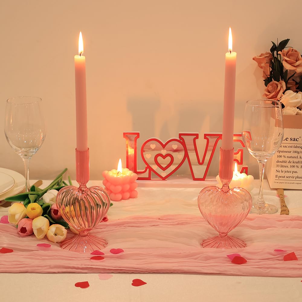NEEDOMO Valentines Day Decorations, Set of 2 Pink Heart Glass Candlestick Holders for Valentines Decor, Taper Candle Holders Table Centerpieces for Romantic Wedding Party Mantel Decor
