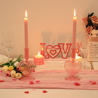 NEEDOMO Valentines Day Decorations, Set of 2 Pink Heart Glass Candlestick Holders for Valentines Decor, Taper Candle Holders Table Centerpieces for Romantic Wedding Party Mantel Decor