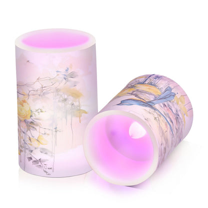 Spring Blue Bird with Yellow Flowers Butterflies Flickering Flameless Candles Battery Operated with Remote Timer,Tea Light Candles LED Pillar Votive Candles set of 2 for Outdoor Indoor Decorations