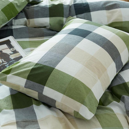 DONEUS 100% Washed Cotton Duvet Cover Set Super Soft Breathable Comfy Natural Linen Like Textured Bedding Set 3 Pieces with Zipper Closure (Green White Plaid, Queen)