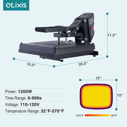OLIXIS LW Heat Press, 15x15 Heat Press Machine for T Shirts with LCD Display & Memory Mode, 1200W Heat Transfer Machine for Bags, Pillows, Aprons