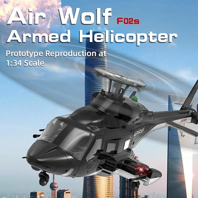 Hanll YUXIANG F02S 1:34 Scale 8CH GPS RC Helicopter – RTF Air-Wolf Replica with Dual Brushless Motors Telemetry Transmitter Optical Flow Metal Servo for Advanced Hobbyists—3 Batteries