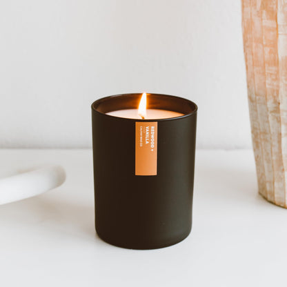 Calyan Wax Co. Redwood & Vanilla Scented Candle - 75 Hour Burn - Luxury Clean Soy Wax Candles - Long Lasting Black Tumbler Jar Candle for Home - 10.2oz