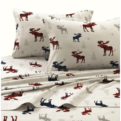 Plaid Reindeer Printed Flannel 170-GSM Solid DP Sheet Set QUEEN