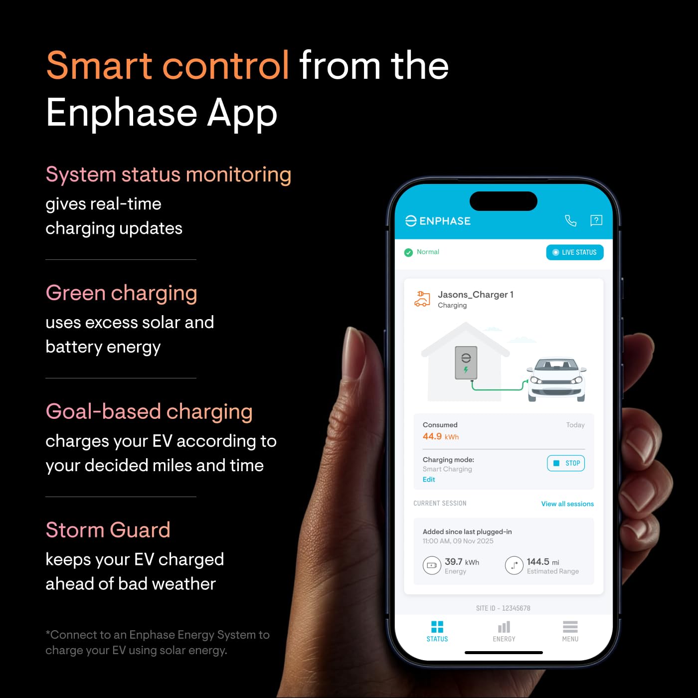 Enphase IQ EV Charger 2 | 40A Smart Level 2 Charger (up to 9.6 kW, 240 V) | Wi-Fi + Bluetooth | NEMA 14-50 Plug | UL Certified | 25 ft Cable | J1772 | Indoor/Outdoor