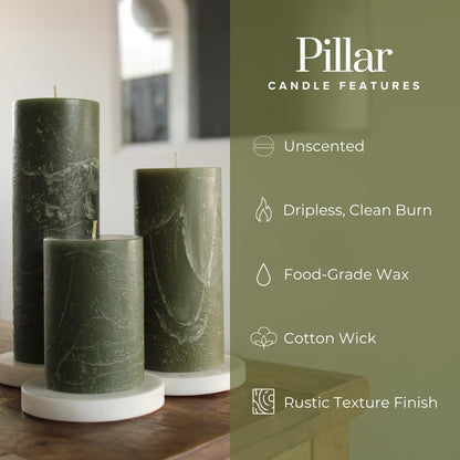 Simply Soson 3x4 inch Dark Moss Green Pillar Candles Set of 3, Rustic Texture, Unscented Green Candles, Dripless Candles, 3 inch Pillar Candles for Wedding Parties Spas Dinner Home Decoration Church