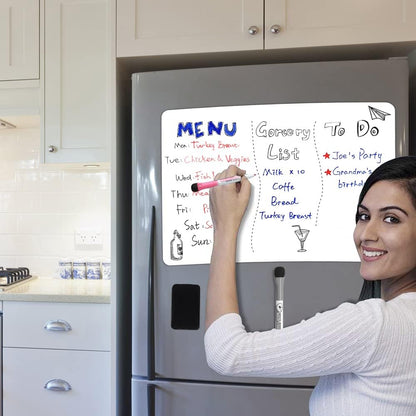 ANLIOTE Magnetic Dry Erase Board Fridge Whiteboard Sheet 12"x 8", Easy to Write and Clean, Small Refrigerator White Board for Home Kitchen Shopping List & to Do List, 2 Markers and Eraser with Magnets