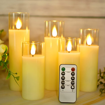 NICEME 5PCS Clear Glass LED Flameless Candles with Remote Timer, Flickering Battery Operated Pillar Candles Teardrop Flame Black Wick Romantic Real Wax Electric Votive Candles for Halloween Christmas