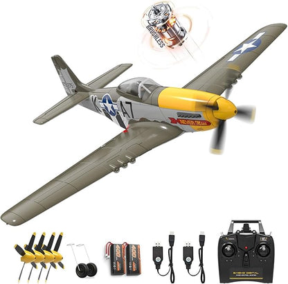 P51 Mustang RC Plane Brushless 4 Channel - VOLANTEXR 500mm RC Planes with XPilot Stabilizer &amp 3D Aerobatic RC Airplanes for Adults 2 Batteries