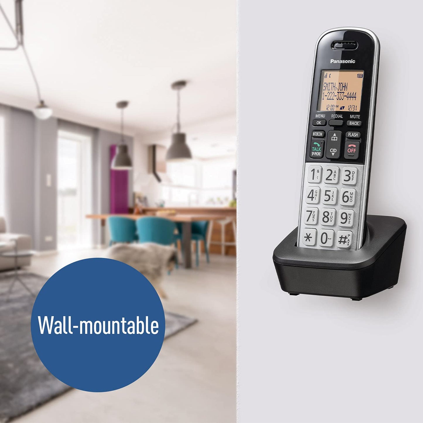Panasonic Compact Cordless Phone with DECT 6.0, 1.6" Amber LCD and Illuminated HS Keypad, Call Block, Caller ID, Multiple Display Languages - 1 Handset - KX-TGB810S (Black/Silver)