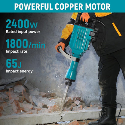 Victeche 2400W Demolition Electric Jack Hammer 65J Heavy Duty Concrete Breaker with Point and Flat Chisel