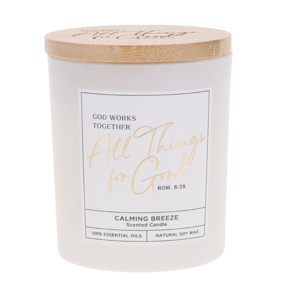 Christian Art Gifts Soy Wax Scented Candle: Romans 8:28 Bible Verse, Calming Breeze Scent, Pure Essential Oils, 4.5 oz, Up to 20 Hours Burn Time, Glass Jar w/Bamboo Lid, Encouragement Gift