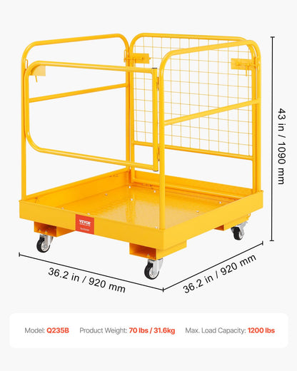 VEVOR Forklift Man Basket, 36 x 36 Inches Forklift Safety Cage Work Platform 1200 lbs Load Capacity, Collapsible Lift Basket with 4 Wheels Device Chain for Aerial Work Lifting Loader