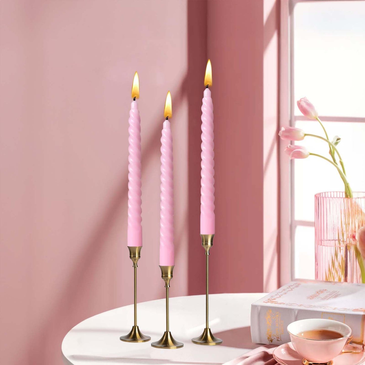 8 Inch Taper Spiral Candle Set of 4 Tapered Candles, 5 hrs,Smokeless,Tall Candlesticks, Home Dinner, Party, Wedding, Halloween, Christmas (4, Pink, 20cm)