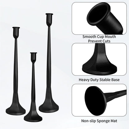 Set of 3 Taper Candle Holders, Cast Iron Candlestick Holders Tall for Wedding, Dining Table, Halloween & Fall Decor, Home Decoration (Black, 12" 14" 15.5")