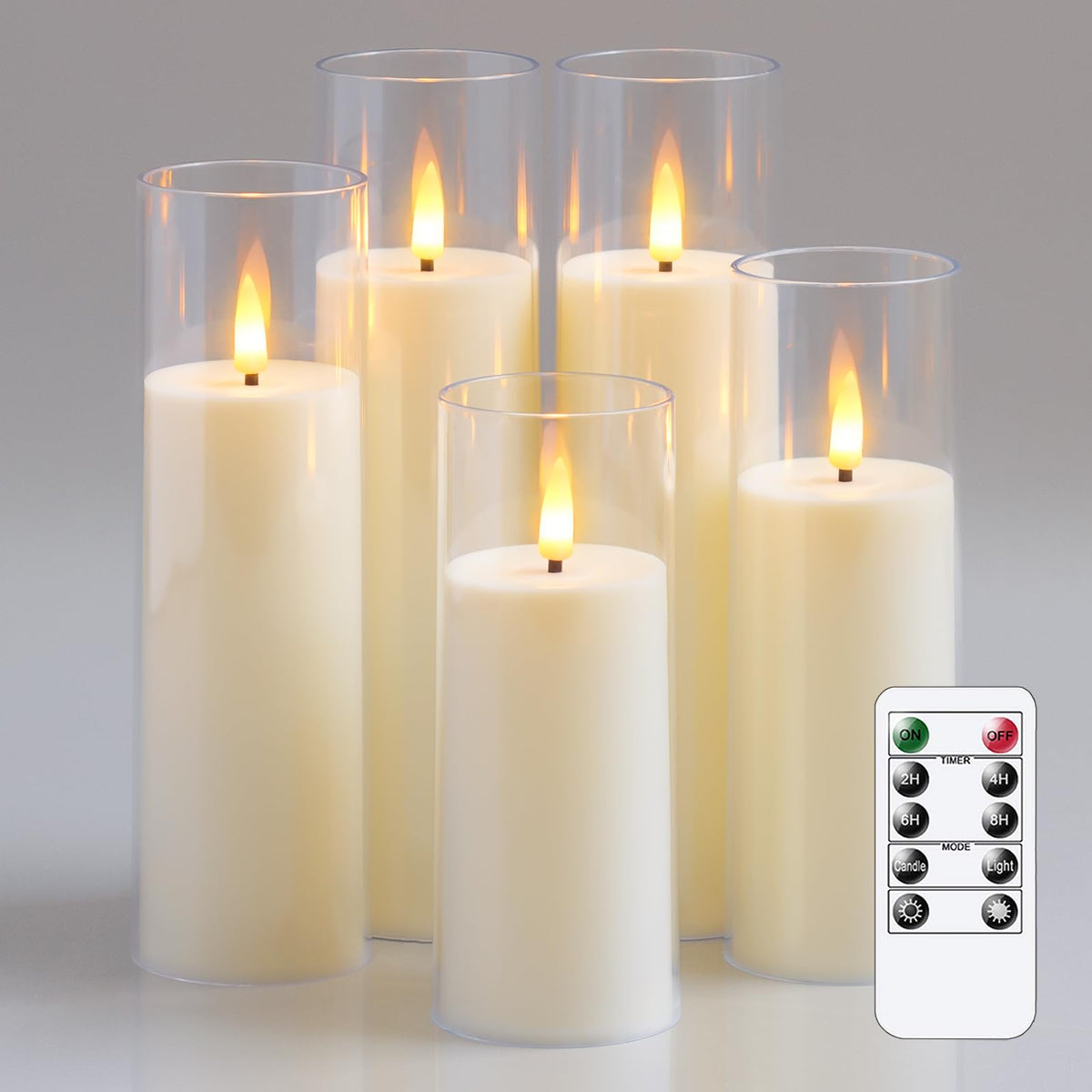 Yeelida Acrylic Flameless Flickering Candles with Remote Control and Timer, Battery Operated LED Fake 2.2" x 5",6",7",8",8" Plastic Pillar Candles for Home Decor(Long-Lasting, Ivory)