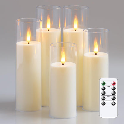 Yeelida Acrylic Flameless Flickering Candles with Remote Control and Timer, Battery Operated LED Fake 2.2" x 5",6",7",8",8" Plastic Pillar Candles for Home Decor(Long-Lasting, Ivory)