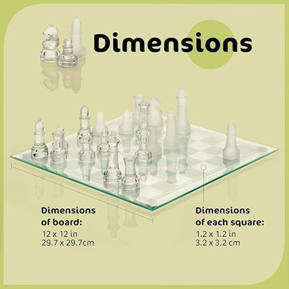 Fine Glass Chess Set Modern Clear Chess Board Set with Solid Clear &amp Frosted Glass Chess Pieces | 12'' Crystal Chess Board Set Felt Padding Included