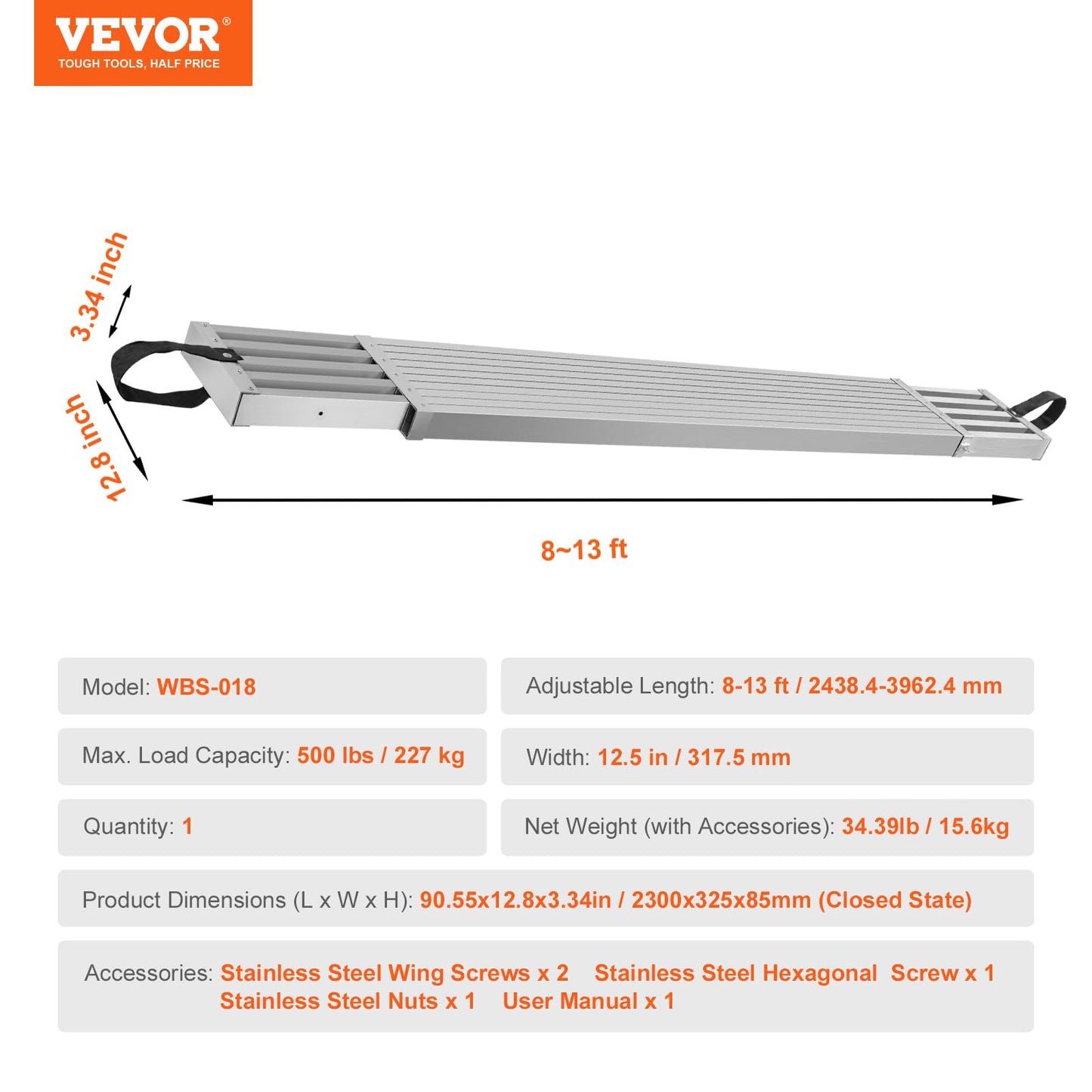 VEVOR Aluminum Telescoping Work Plank, 8-13FT, 500lbs Capacity, 12.5 inch Width, Scaffold Ladder Accessory