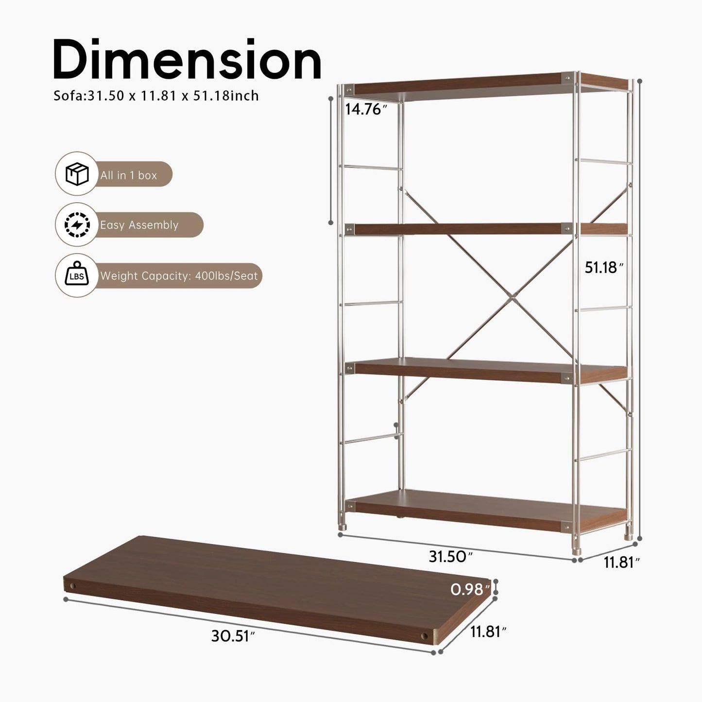 Achene 4-Tier Industrial Bookshelf, Storage Bookcase for Living Room, Bedroom, Home Office, and Kitchen, 11.81"x31.5"x51.18" Inches (Walnut, 4T32IN)
