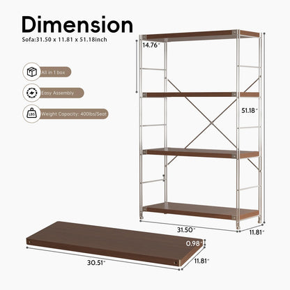Achene 4-Tier Industrial Bookshelf, Storage Bookcase for Living Room, Bedroom, Home Office, and Kitchen, 11.81"x31.5"x51.18" Inches (Walnut, 4T32IN)