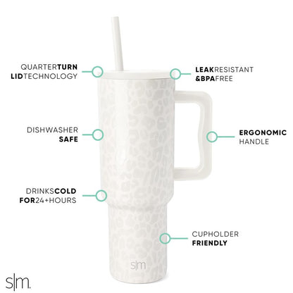 Simple Modern 40 oz Trek Tumbler with Handle and Straw Lid | Cup Holder Friendly Insulated Stainless Steel Travel Mug | Cream Leopard