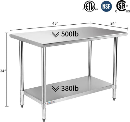 STABLEINK NSF Stainless Steel Prep Table 48x24 Inches 4ft, Metal Work Table with Adjustable Undershelf, for Commercial Kitchen, Restaurant, Hotel, Laundry and Garage