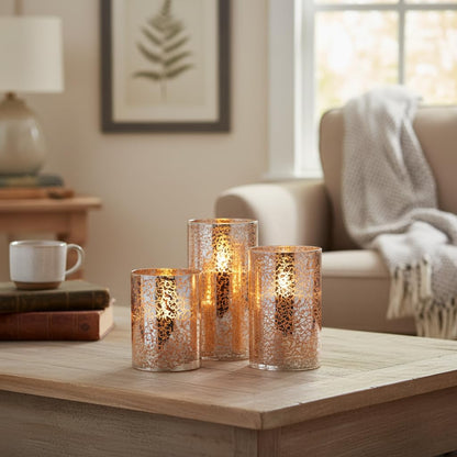 Silver Mercury Crackle Glass Flameless LED Pillar Candles Set of 3 – Warm White Flicker, Remote & Timer, Batteries Included, for Mother's Day, Spring Weddings, Home Decor & Romantic Ambiance