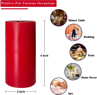 4 Pack Red Pillar Candles, 2x4 Inch, Long-Lasting, Dripless and Smokeless Unscented Candles, Ideal for Home Décor, Parties Weddings and Relaxation