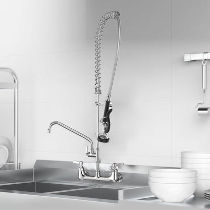 Commercial Sink Faucet with Sprayer for Kitchen: MSTJRY 47" Height Wall Mount Commercial Faucet with Sprayer Fit for 3 Compartment Sink - Polished Chrome 8" Center 12" Swing Spout Pre Rinse Assembly