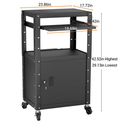 Mobile AV Cart with Cabinet, Rolling Computer Cart Height Adjustable Rolling Media Utility Cart with Extra Storage Space, 4 Outlets, Pullout Keyboard Tray Perfect for Home or Office Use